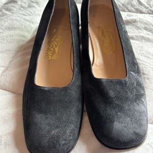 Salvatore Ferragamo Black Suede Square-Toe Flats